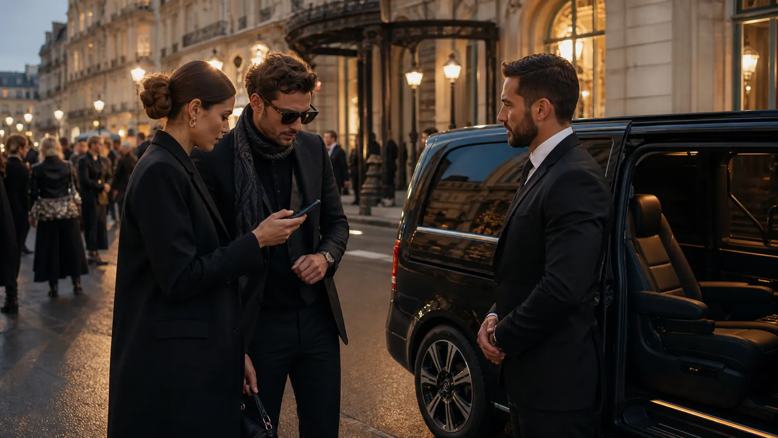 Equipo de moda hispanohablante coordinando su agenda con un chofer en París