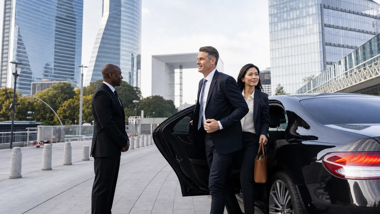 International executives arriving by chauffeured sedan in the La Défense business district