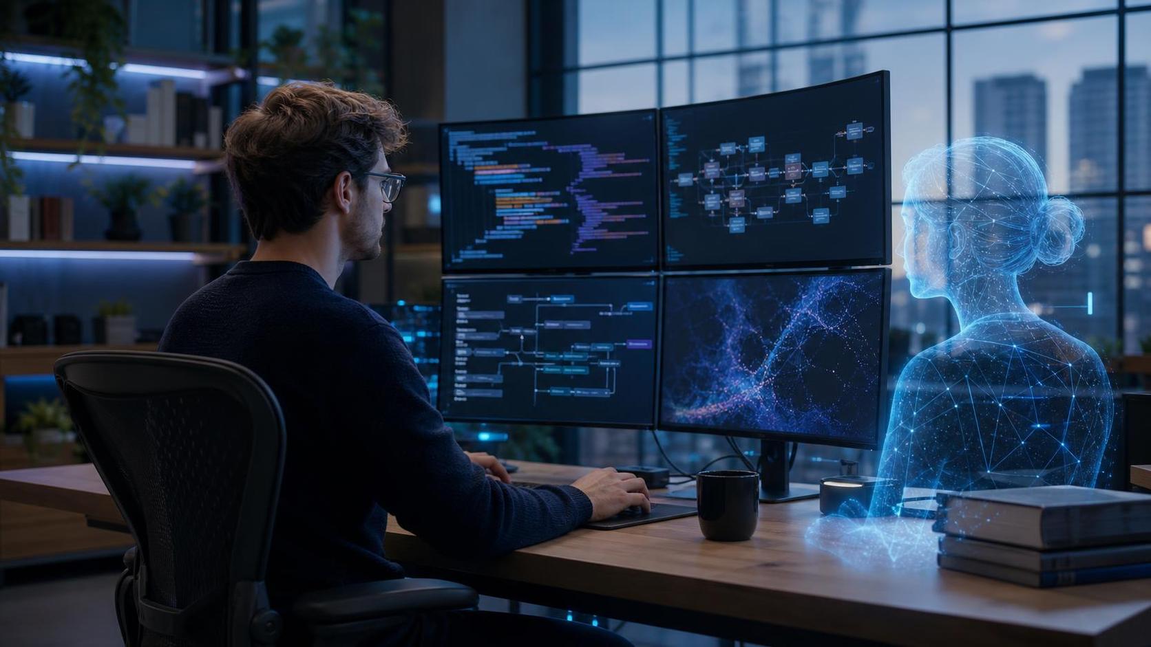 Développeur utilisant un assistant IA pour concevoir un framework logiciel en 2026