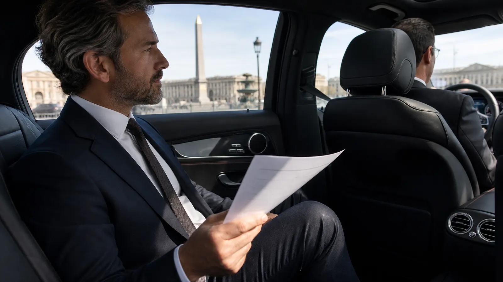 Executive reviewing a full-day schedule in a chauffeured car near Place de la Concorde