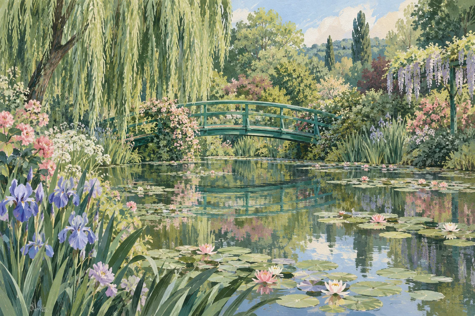 Illustration of a green footbridge, water lilies, and a reflective garden pond