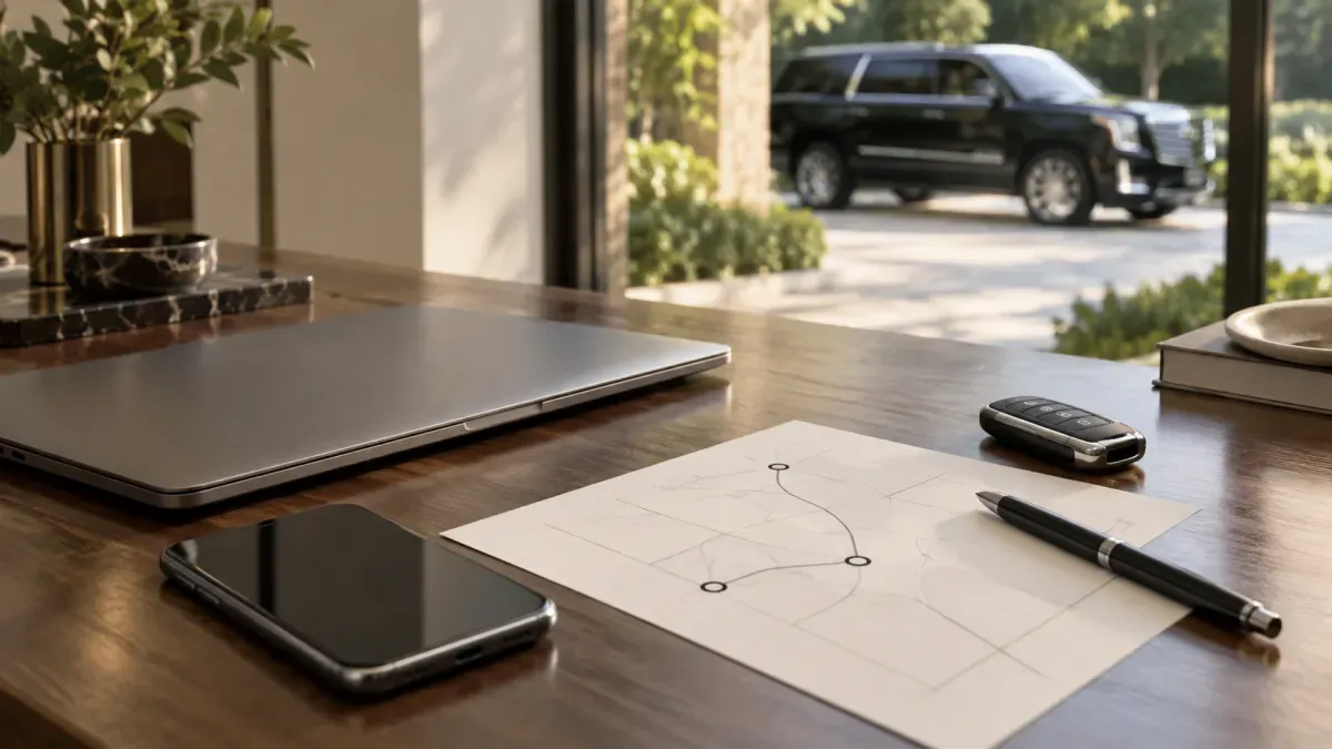 Route sheet, phone and laptop used to prepare a private chauffeur booking brief