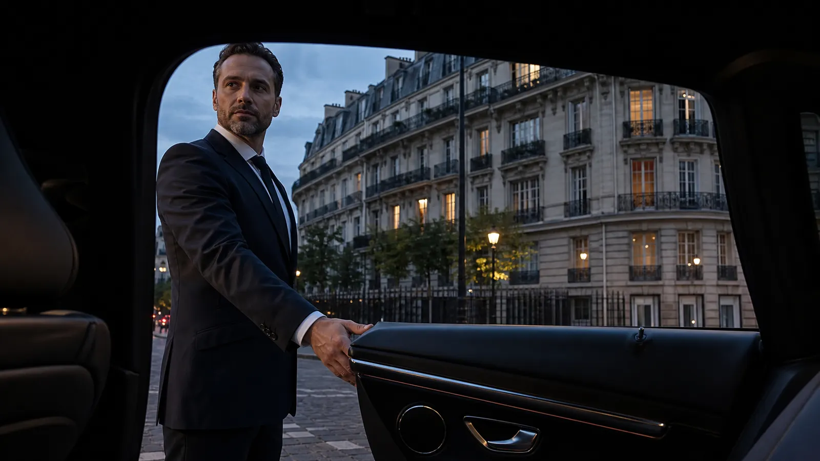 Private chauffeur opening a luxury car door on a Paris street at blue hour