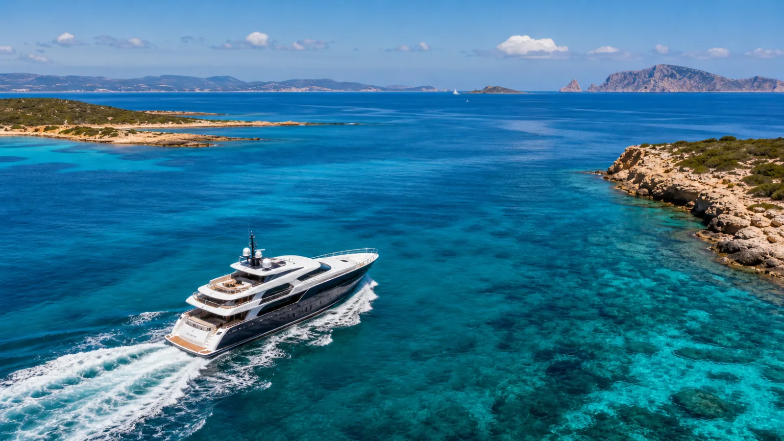 Motor yacht cruising the Ibiza to Formentera route in clear Balearic water