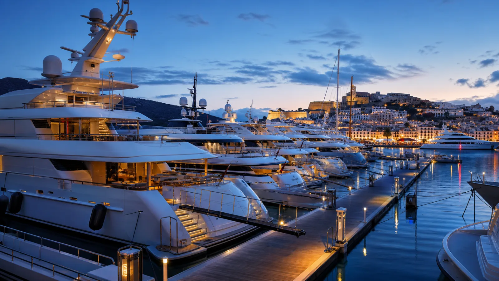 Superyachts berthed in Ibiza marina infrastructure at blue hour