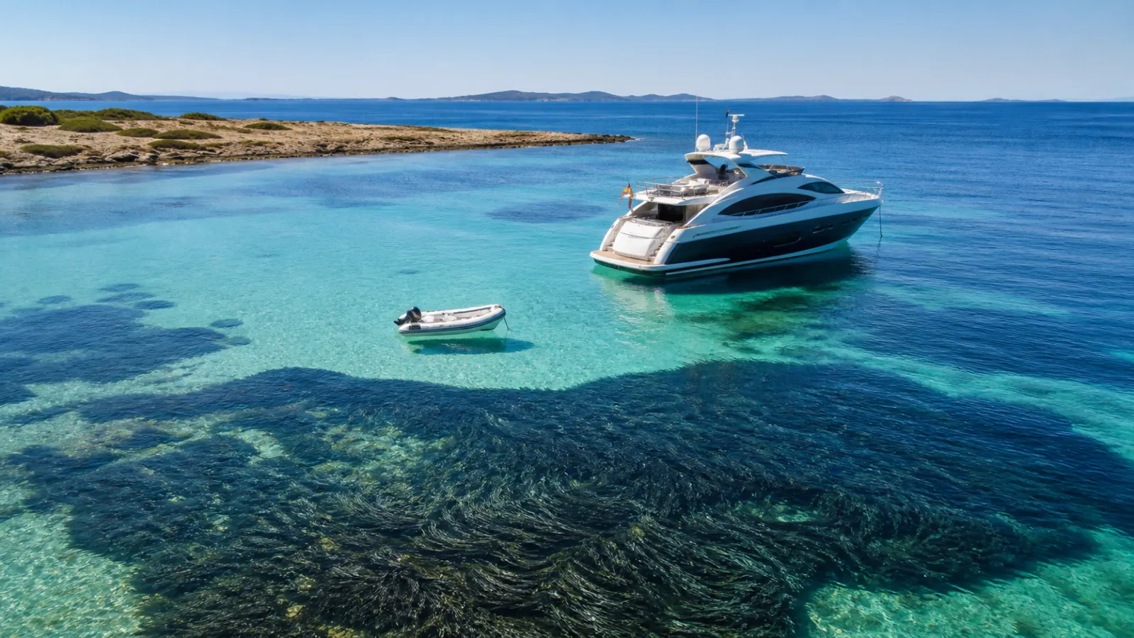 Yacht anchored responsibly near Posidonia seagrass meadows around Ibiza and Formentera