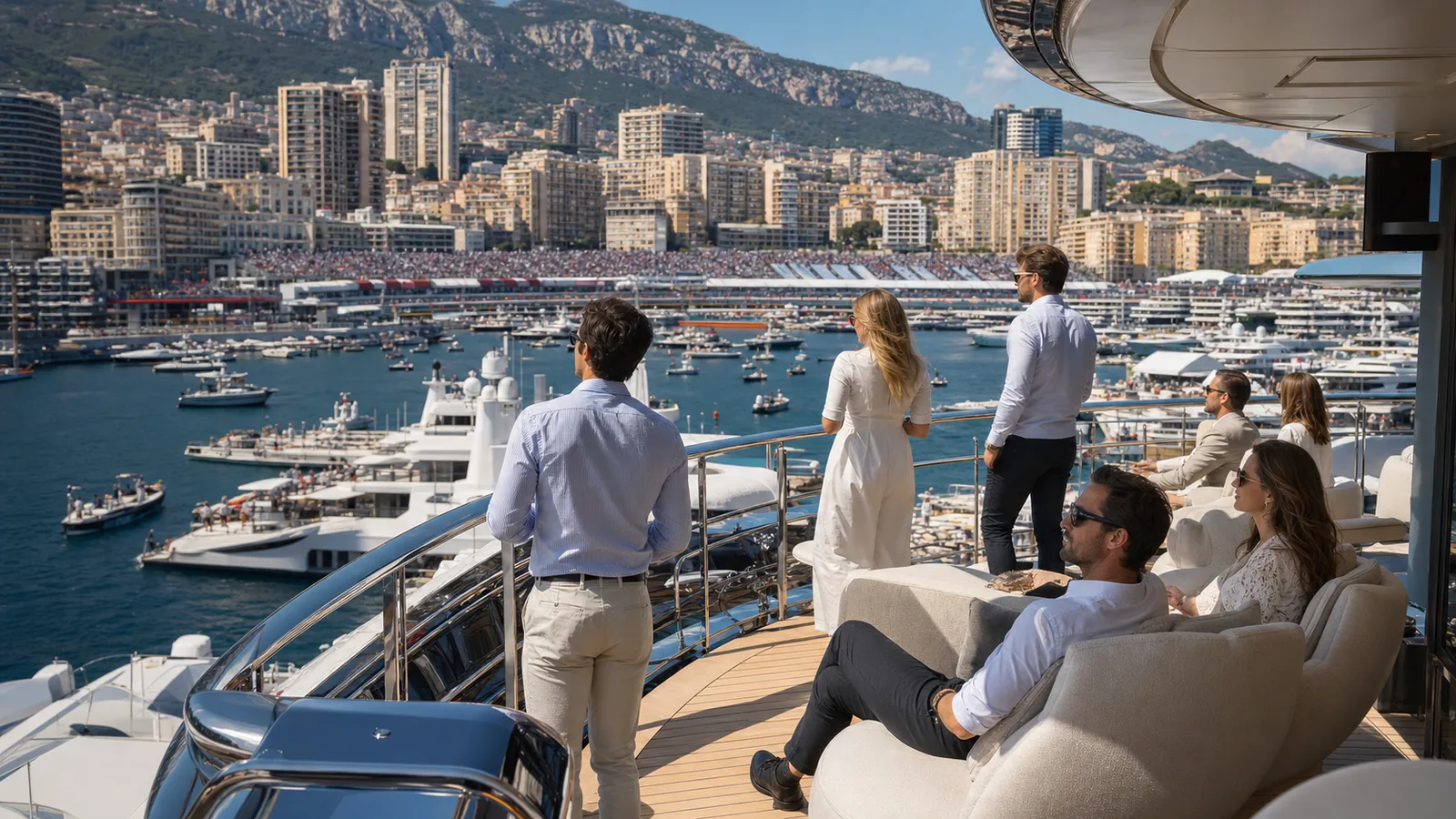 Guests watching Monaco Grand Prix qualifying day from a superyacht deck in Port Hercule
