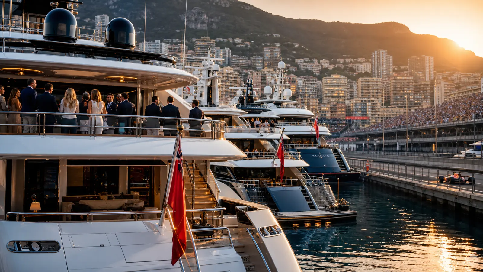 Superyachts berthed in Port Hercule during Monaco Grand Prix race weekend