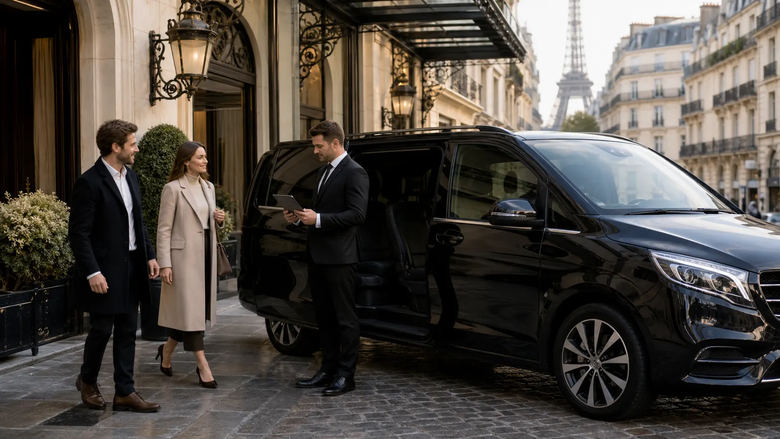 Private chauffeur reviewing a multi-day itinerary beside a luxury van at a Paris hotel