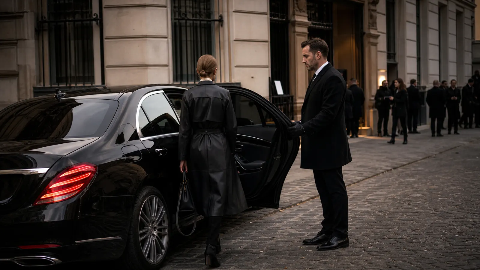 Fashion professional entering a chauffeured luxury sedan outside a Paris event venue