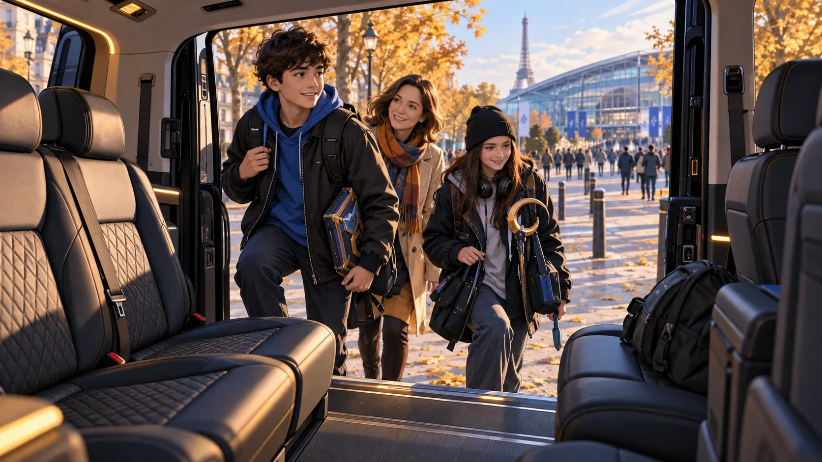 AI-generated illustration of a family boarding a passenger van with compact day bags.