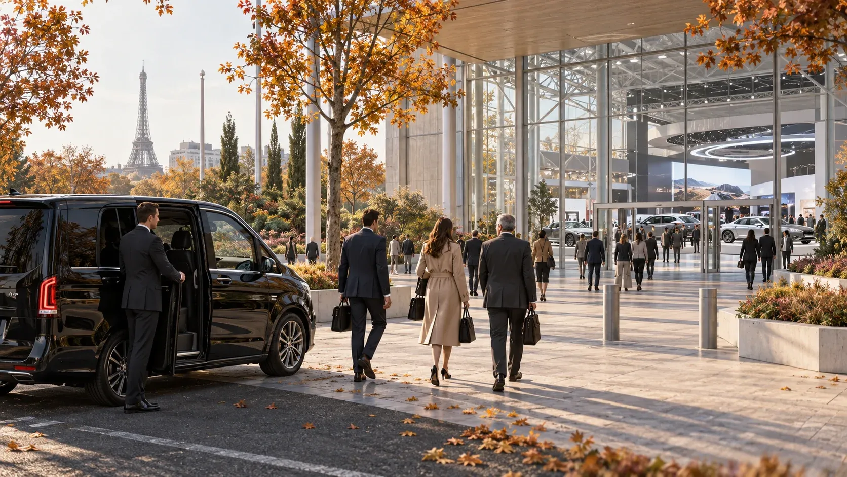 AI-generated illustration of visitors leaving a chauffeured van outside an exhibition hall.
