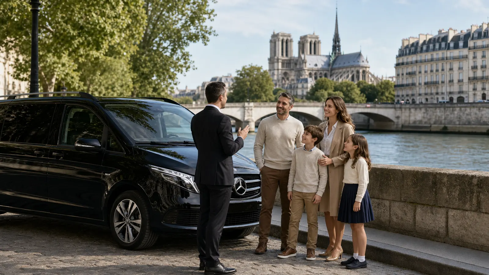 Family discussing a Paris sightseeing itinerary with a private chauffeur beside the Seine