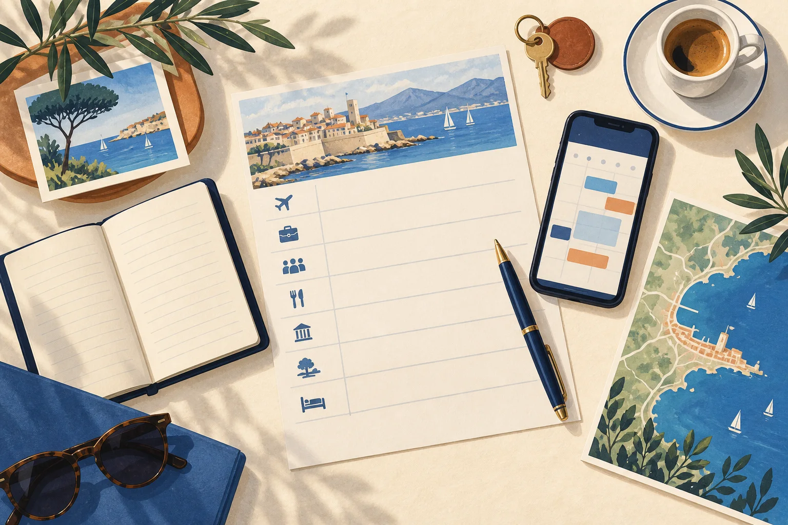 An illustrated travel brief, calendar, notebook, and Riviera map
