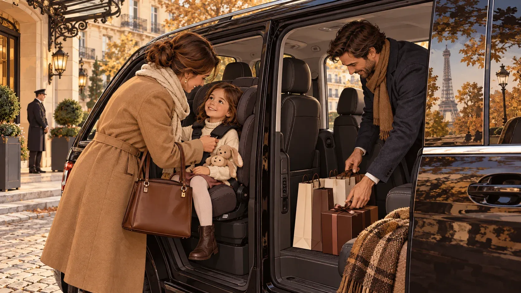 AI-generated illustration of parents helping a child board a passenger van while placing shopping bags inside.