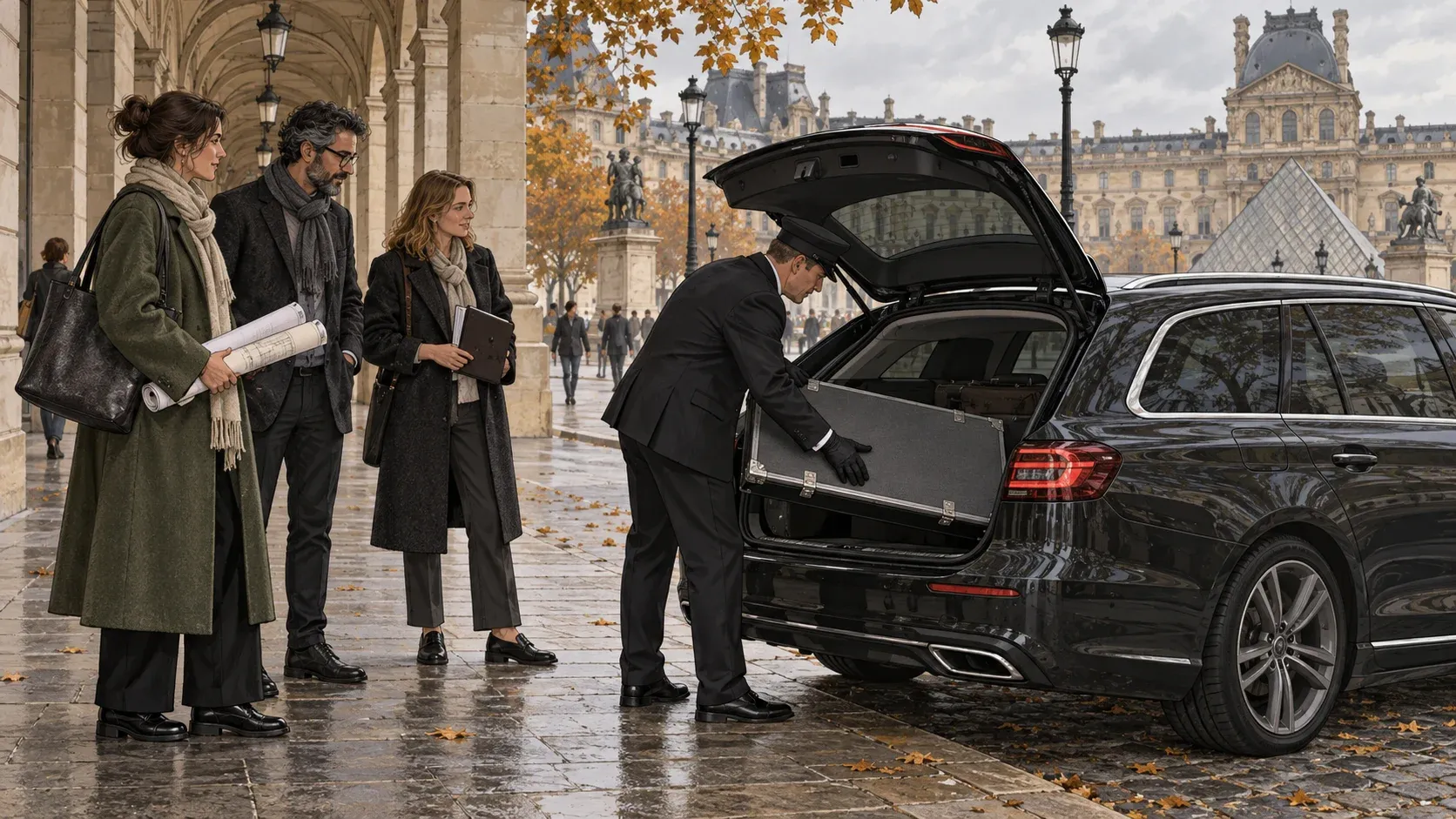 AI-generated illustration of a heritage delegation checking portfolio storage before a car journey.